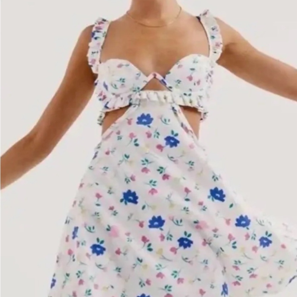 For Love & Lemons White Mini Dress with Blue & Pink Floral Print